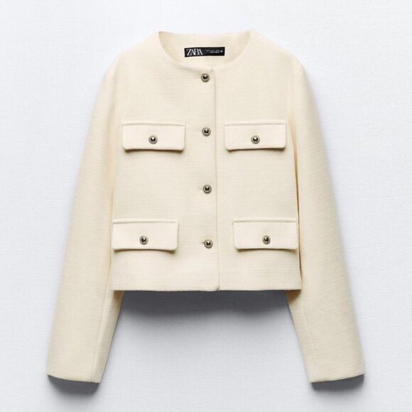 ZARA Women's Cropped Flap Jacket(Ecru, US M, L/EUR M, L) - Picture 4 of 13